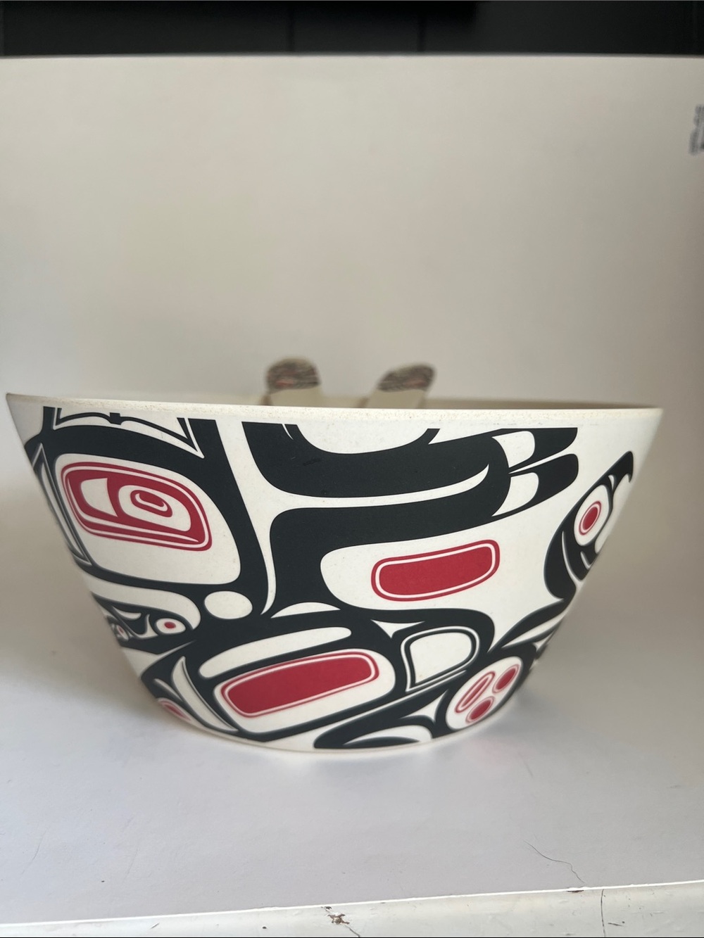 Native Home Raven Design Bamboo BC Artist 10" Salad Serving Bowl and spoons